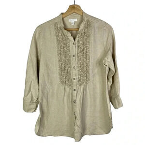 Charter Club Beige Tuxedo Ruffle Front Long Sleeve Button Down 10